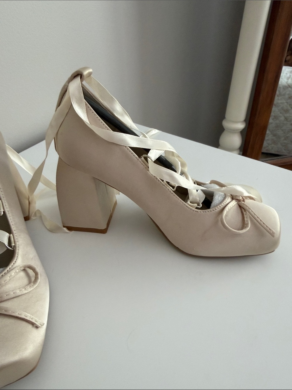 Cider Ballet Satin Bow Mary Jane Heels - Cream - Picture 3 of 5